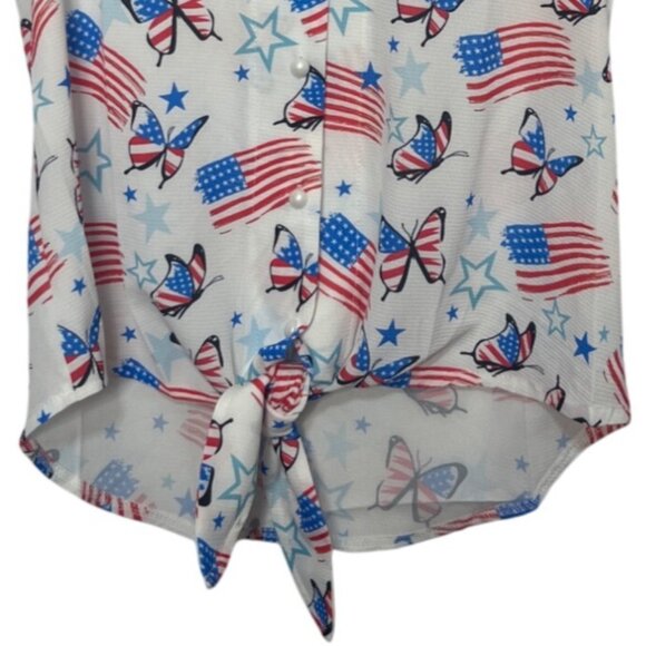 Roshop Patriotic Shirt Blouse Womens Small White Red Blue New Butterfly Flags - Picture 4 of 10